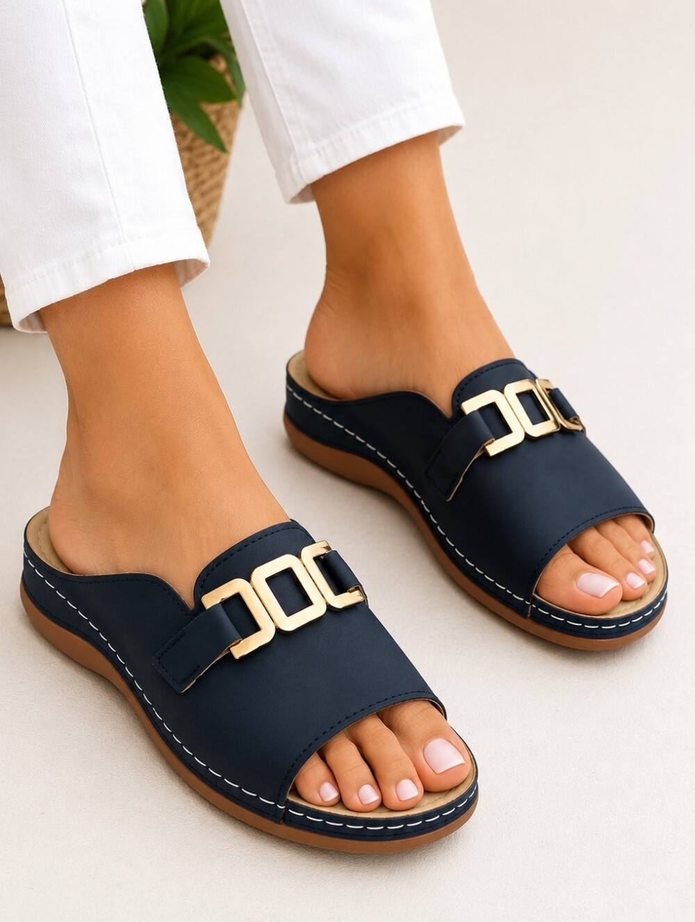 Women's Navy Comfort Slide Sandals Gold Chain Detail EU 41 US 10 NWOT